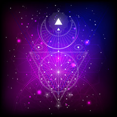 Wall Mural - Vector illustration of Sacred or mystic symbol on abstract background. Geometric sign drawn in lines. Multicolored. For you design and magic craft.