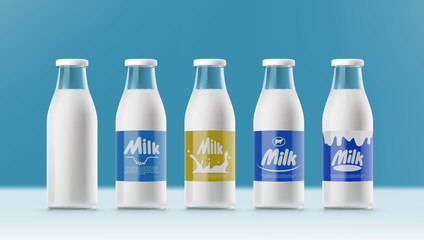 Set Of Realistic Transparent Clear Milk Bottles With Labels