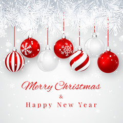 Wall Mural - christmas and new year background with red christmas balls, fir branch and snow for xmas design. vec