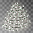 Christmas tree of white lights string. Transparent effect decoration isolated on dark background. Re