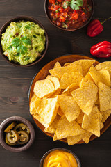 mexican nachos tortilla chips with guacamole, salsa and cheese dip