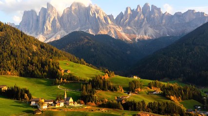 Wall Mural - Time lapse of Santa Maddalena village with majestic Dolomite mountains in background, Val di Funes valley, Trentino Alto Adige region, Italy, Europe.