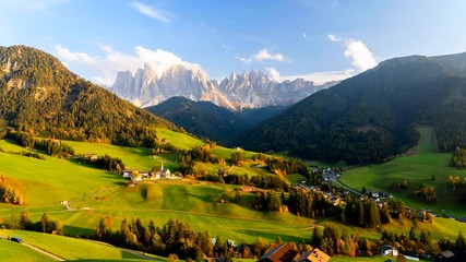 Wall Mural - Time lapse of Santa Maddalena village with majestic Dolomite mountains in background, Val di Funes valley, Trentino Alto Adige region, Italy, Europe. Sunset in a  Italian Dolomites.