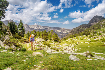 young woman hiking in the mountains with a backpack and trekking poles. mountain trail route concept