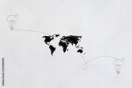 Fotografía world map linked by dashed lines to 2 distant lightbulbs