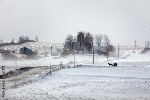 Fotografía Amish buggy travels a country road in upstate New York on a cold day in January