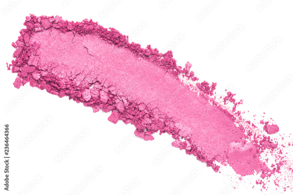 Pink crumbled / crushed eyeshadow isolated on white. Cosmetic photography - obrazy, fototapety, plakaty 