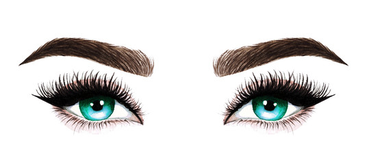 woman eyes with long eyelashes. hand drawn watercolor illustration. eyelashes and eyebrows. design f
