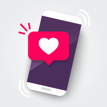 Vector Illustration Smartphone With Heart Emoji Speech Bubble Get Message On Screen. Social Network And Mobile Device Concept. Graphic For Websites, Web Banner.