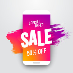 Poster - vector illustration flat smartphone sales banner, special online offer or discount flyer, sale up to