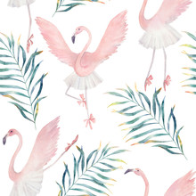 Flamingo Dancing Ballet. Hand Drawn Illustration. Watercolor Abstract Seamless Pattern