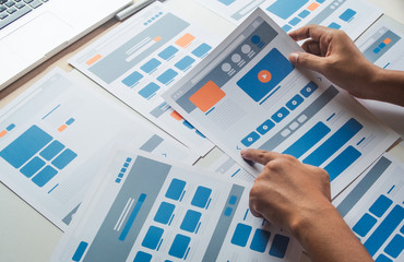 Poster - Website designer Creative planning application developer development draft sketch drawing template layout prototype framework wireframe design studio . User experience concept .