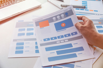 Poster - Website designer Creative planning application developer development draft sketch drawing template layout prototype framework wireframe design studio . User experience concept .