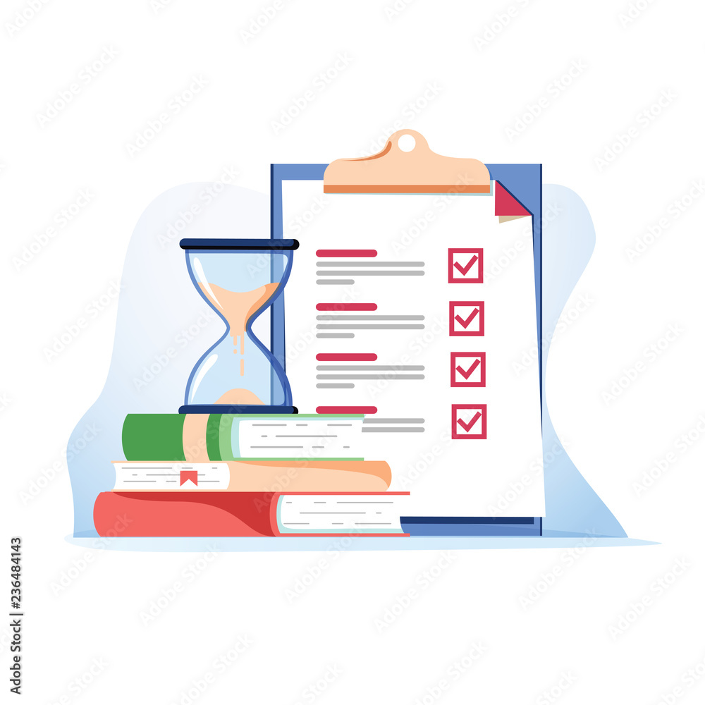 Exam preparation school test. Examination concept checklist and hourglass, choosing answer questionnaire form, education - obrazy, fototapety, plakaty 