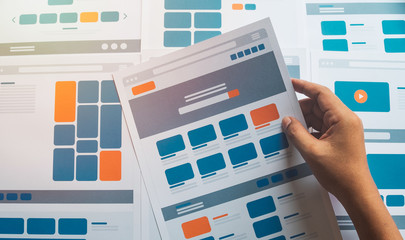 Poster - Website designer Creative planning application developer development draft sketch drawing template layout prototype framework wireframe design studio . User experience concept .