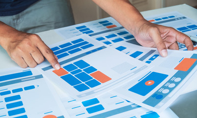 Poster - Website designer Creative planning application developer development draft sketch drawing template layout prototype framework wireframe design studio . User experience concept .