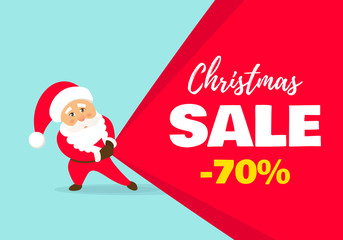 Wall Mural - sale christmas banner. vector illustration of santa claus with big bag.