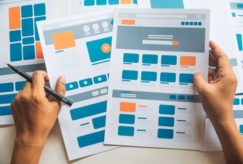 Poster - Website designer Creative planning application developer development draft sketch drawing template layout prototype framework wireframe design studio . User experience concept .