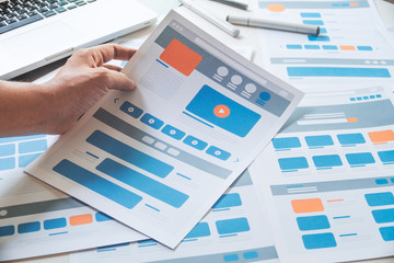 Poster - Website designer Creative planning application developer development draft sketch drawing template layout prototype framework wireframe design studio . User experience concept .