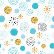 Vector Christmas seamless pattern glitter sbowflakes polka dot abstract ornament golden, blue, black circle elements