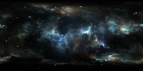 360 degree interstellar cloud of dust and gas. Space background with nebula and stars. Glowing nebula, equirectangular projection, environment map. HDRI spherical panorama