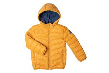 childrens winter jacket. stylish childrens yellow warm down jacket isolated on white background. win