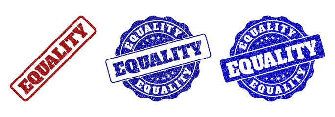 EQUALITY grunge stamp seals in red and blue colors. Vector EQUALITY watermarks with grunge texture. Graphic elements are rounded rectangles, rosettes, circles and text titles.
