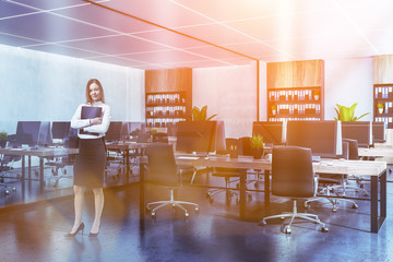 Wall Mural - Open space office, wooden tables, woman