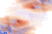 Expressive Background With Orange And Purple Wet Watercolor Stains In Wash Technique. Atmospheric Horizontal Illustration For Decoration, Package Print And Greeting Cards Design