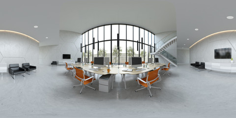 Spherical 360 panorama projection Interior open space office 3D illustration