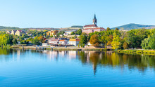 Panoramic Cityscape Of Litomerice Reflected In Labe River, Czech Republic.
