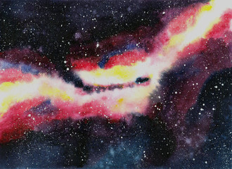 Handdrawn watercolor galaxy, stars in the night space. Beautiful Milky Way.