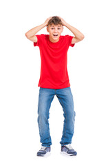 Poster - Cute child covered his head with his hands. Full length portrait of caucasian teen boy. Funny shocked teenager isolated on white background. Handsome child looking at camera.