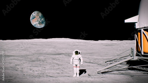 Cuadros en Lienzo Astronaut on the moon near the lander salutes. 3D Rendering