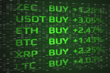 Poster - Crypto Currency market bullish buy concept. Double exposure of digital coins price up and binary data background. Both in green color theme to indicate uptrend recovery rebound stage.