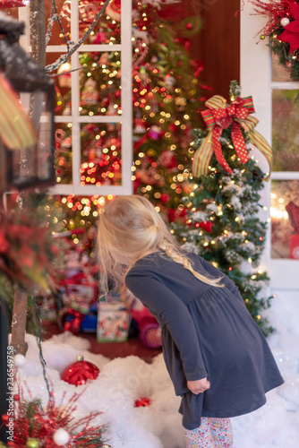 Fotografie, Obraz Little blonde girl looking at holiday lights and decorations - vertical