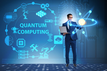 businessman pressing virtual button in quantum computing concept