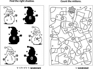 Two visual puzzles and coloring page for kids. Find the shadow for each picture of snowman. Count the mittens. Black and white. Answers included.