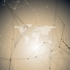 Poster - Abstract futuristic background with connecting lines and dots, polygonal linear texture. World map. Global network connections, geometric design, technology digital concept.