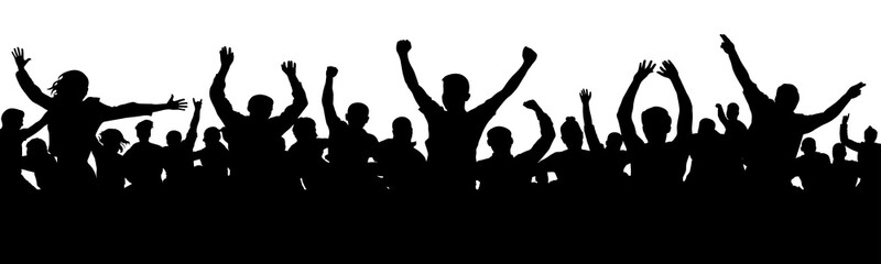 Wall Mural - Cheerful people having fun celebrating. Cheers joy of victory. Group of friends, youth. Crowd of fun people on party, holiday. Applause people hands up. Silhouette Vector Illustration