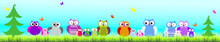 Vector Illustration Of Owl Family In The Woods.