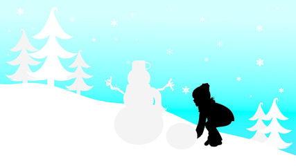  Vector silhouette of child who play with snow in the mountains in winter.