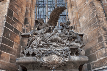 Statue at the main entrance to the St. Vitus cathedral in Prague Castle in Prague, Czech Republic