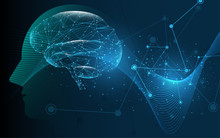 Brain Inside Head Of Human Artificial Intelligence Digital Wireframe Dot Vector Illustration
