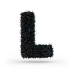 Uppercase fluffy and furry black font. Letter L. 3D