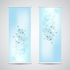 Wall Mural - roll up banner stands with dna strand and molecular structure. genetic engineering or laboratory res