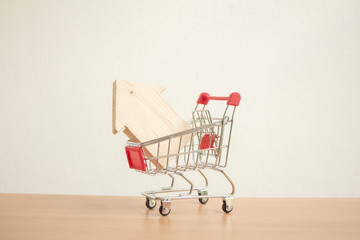 House in a shopping cart on white wall background. Housing, mortgage, rent, sale of housing. Loan for housing.