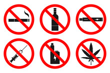 NO SMOKING, NO VAPING, NO HEMP, NO DRUGS, NO ALCOHOL Sign. Vector.