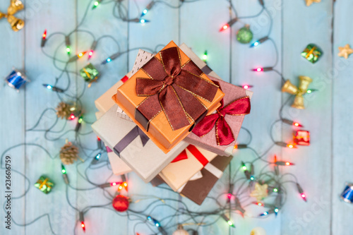 Stack Of Gift Boxes With Christmas Decorations And Christmas