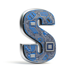 Poster - Letter S.  Alphabet in circuit board style. Digital hi-tech letter isolated on white.